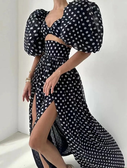 Vintage Style Women Polka Puff Sleeve Outfit Set