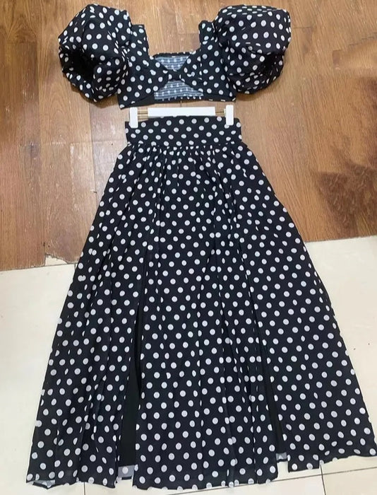 Vintage Style Women Polka Puff Sleeve Outfit Set