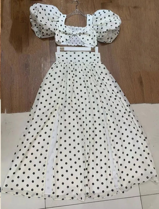 Vintage Style Women Polka Puff Sleeve Outfit Set