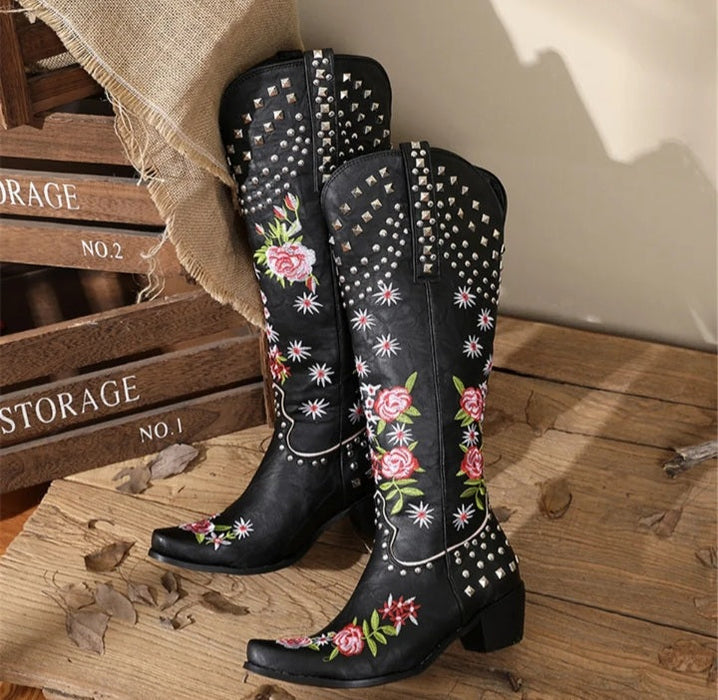 Fashionella Women Vintage Style Embossed Western Cowboy Boots