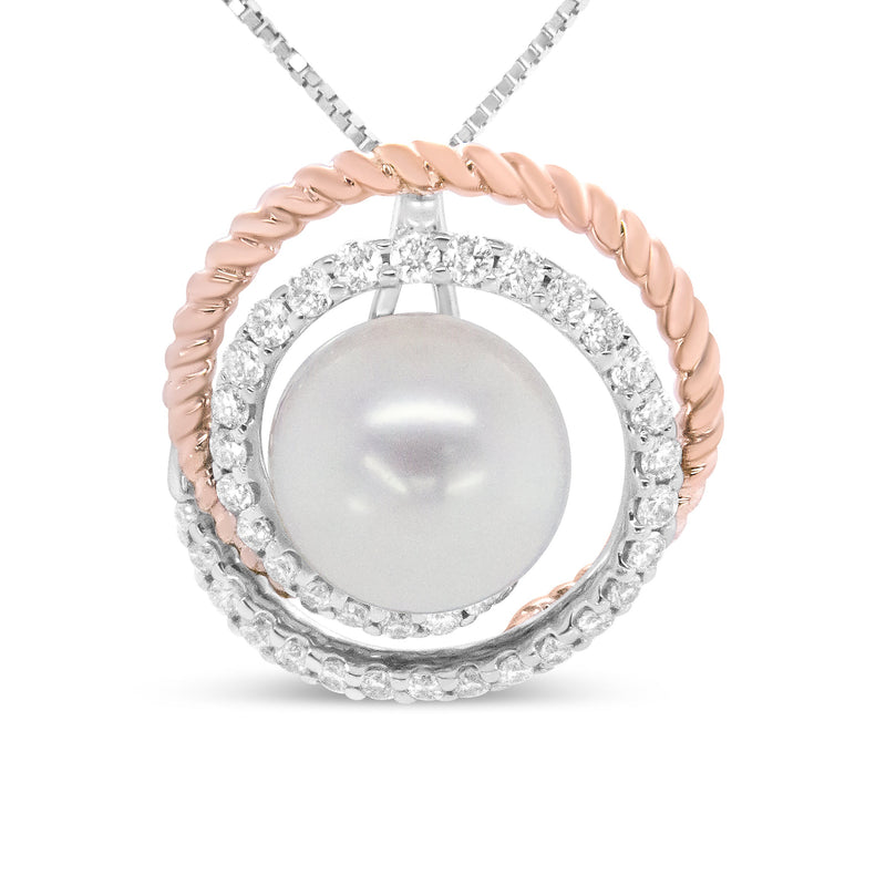 Bids.com 14K Rose and White Gold 3/8 Cttw Pave Diamond and 9mm Round Pearl Spiral Openwork 18" Pendant Necklace- (H-I Color, VS1-VS2 Clarity) Necklaces