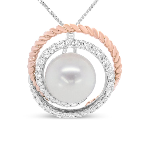 Bids.com 14K Rose and White Gold 3/8 Cttw Pave Diamond and 9mm Round Pearl Spiral Openwork 18" Pendant Necklace- (H-I Color, VS1-VS2 Clarity) Necklaces
