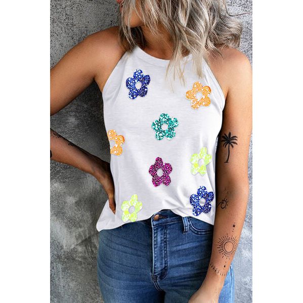 Sequin Flower Grecian Neck Tank in White