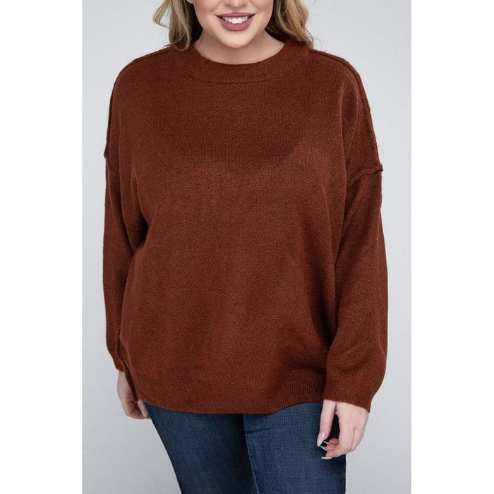 Plus Oversized Round Neck Raw Seam Melange Sweater