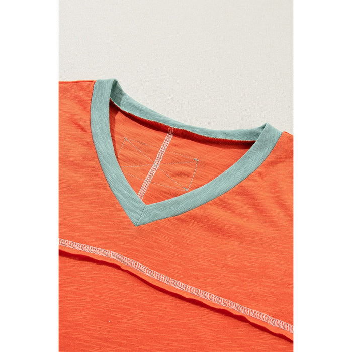 Color Block V-Neck Short Sleeve T-Shirt