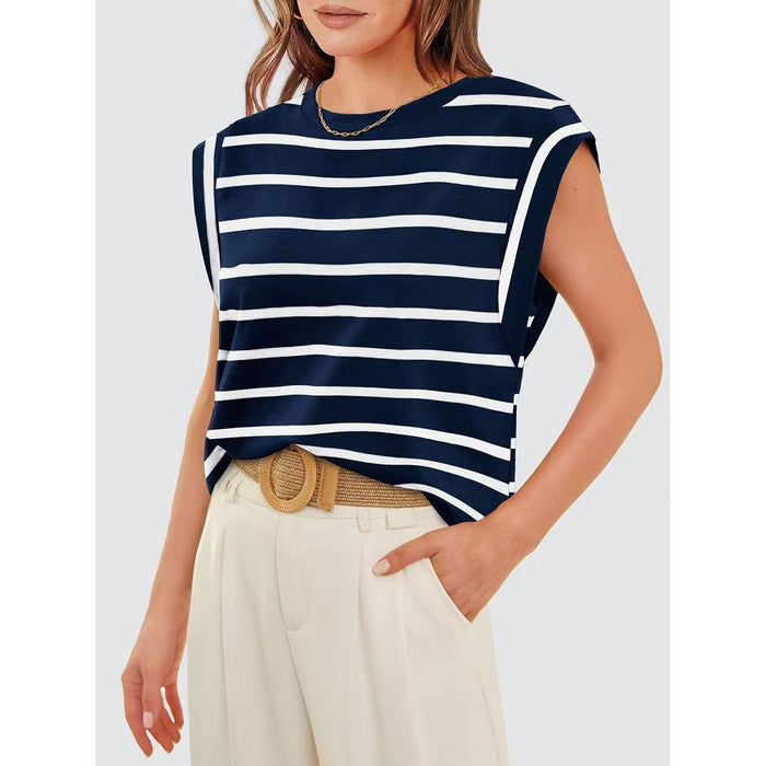 Striped Round Neck Cap Sleeve T-Shirt