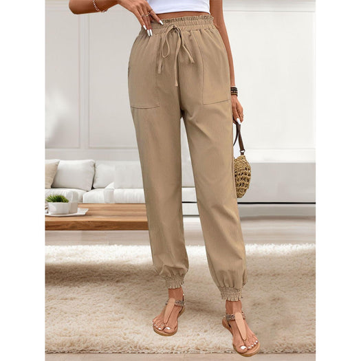 Tied Elastic Waist Pants with Pockets