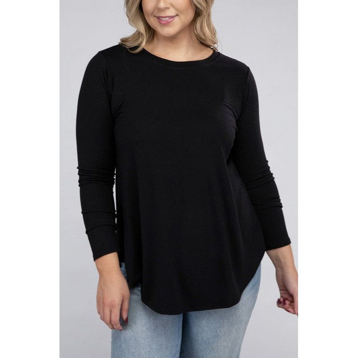 Plus Long Sleeve Round Neck Round Hem Top