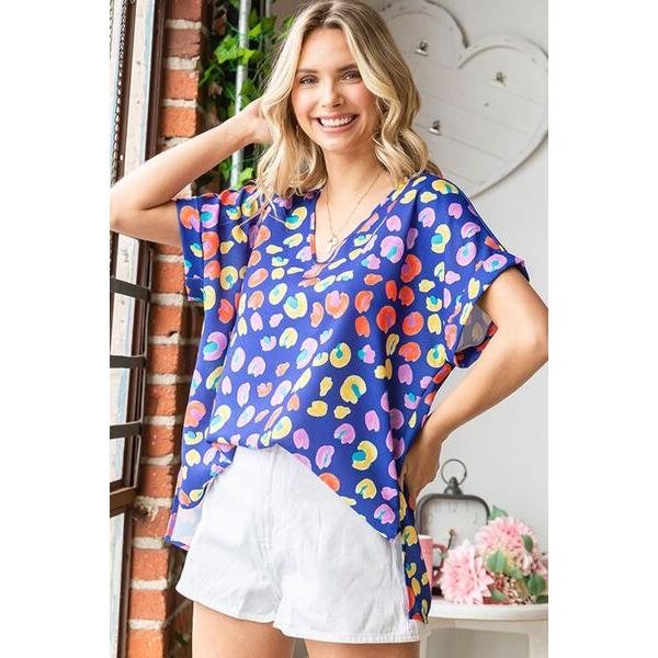 First Love Printed V-Neck Short Sleeve Blouse