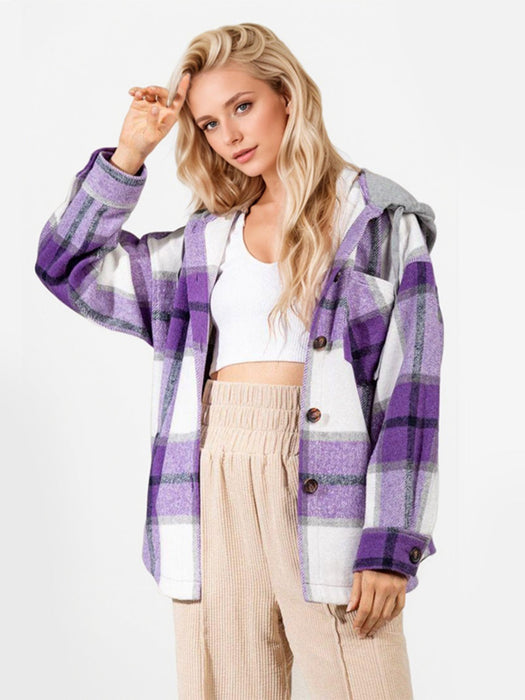 Drawstring Plaid Button Up Long Sleeve Outerwear