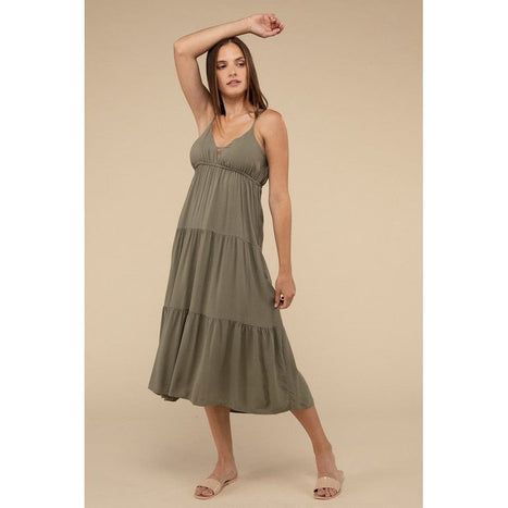 Woven Sweetheart Neckline Tiered Cami Midi Dress