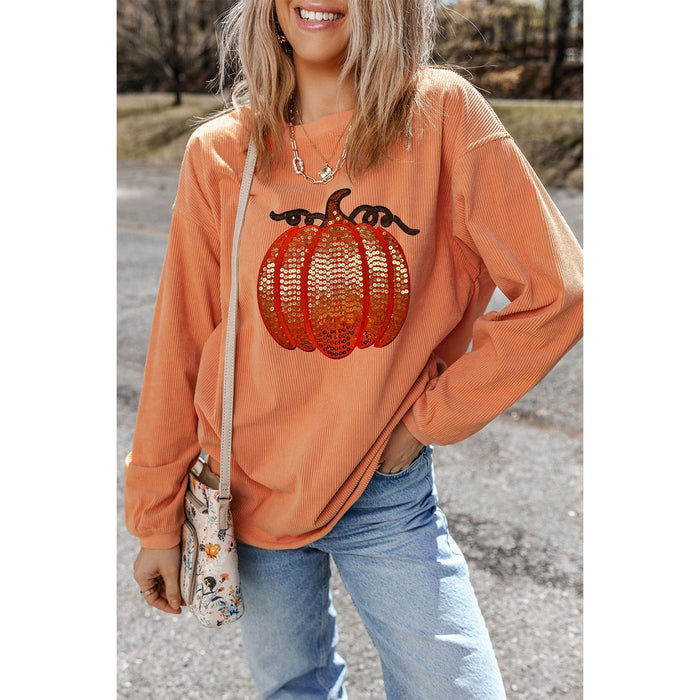 Sequin Pumpkin Round Neck Long Sleeve Sweatshirt