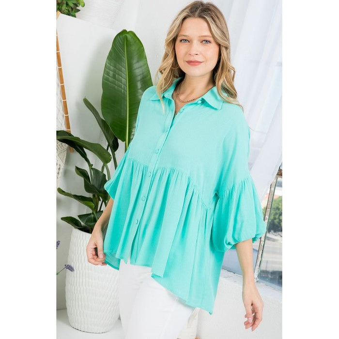 Plus Solid Button Down Blouse