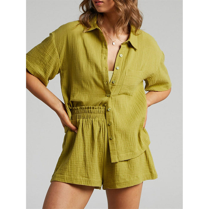 Texture Button Up Shirt and Shorts Set