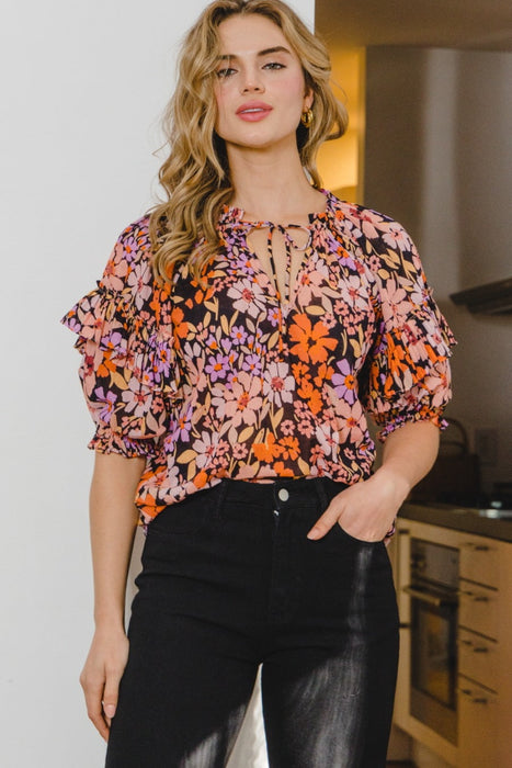 ODDI Floral Tie Neck Ruffled Blouse