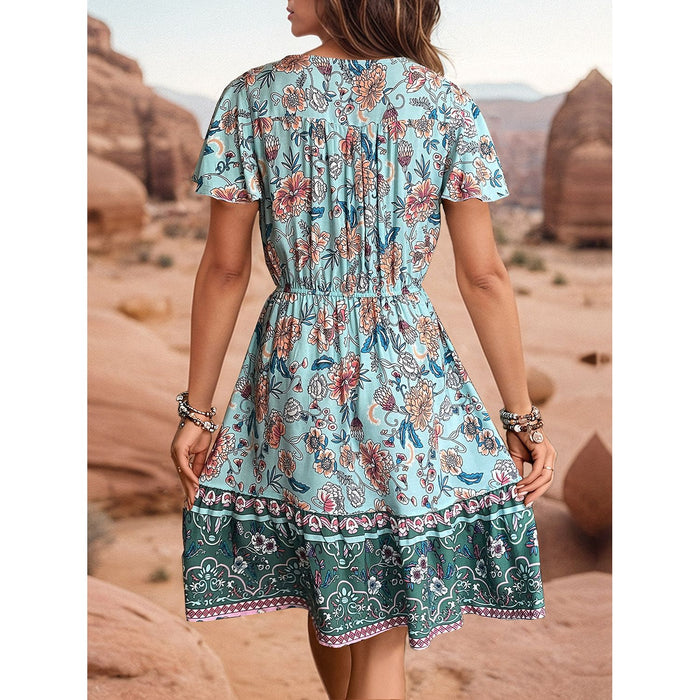 Printed V-Neck Flutter Sleeve Dress