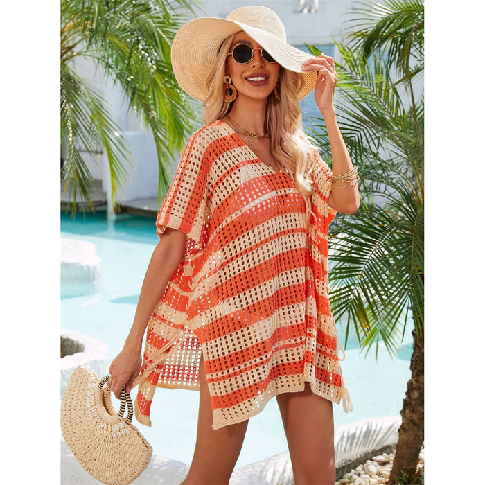 Tassel Openwork Striped V-Neck Cover Up