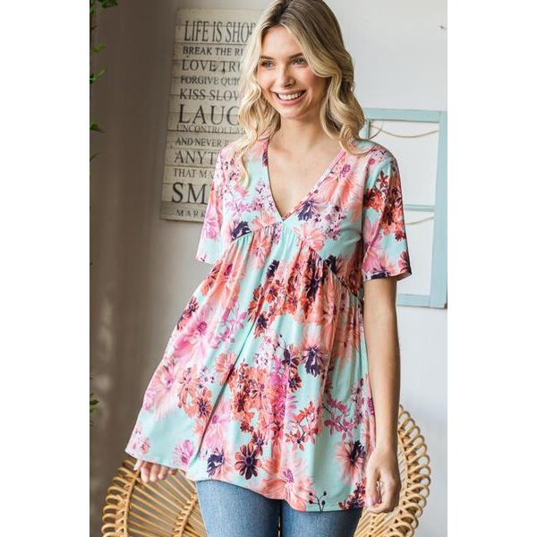 Heimish Floral V-Neck Short Sleeve Babydoll Blouse