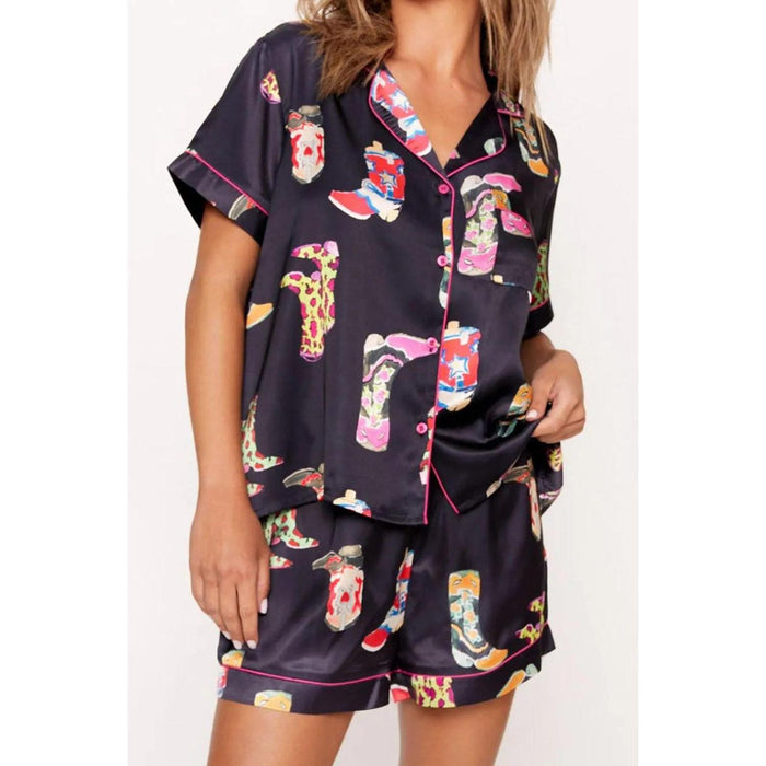 Printed Button Up Short Sleeve Top and Shorts Lounge Set