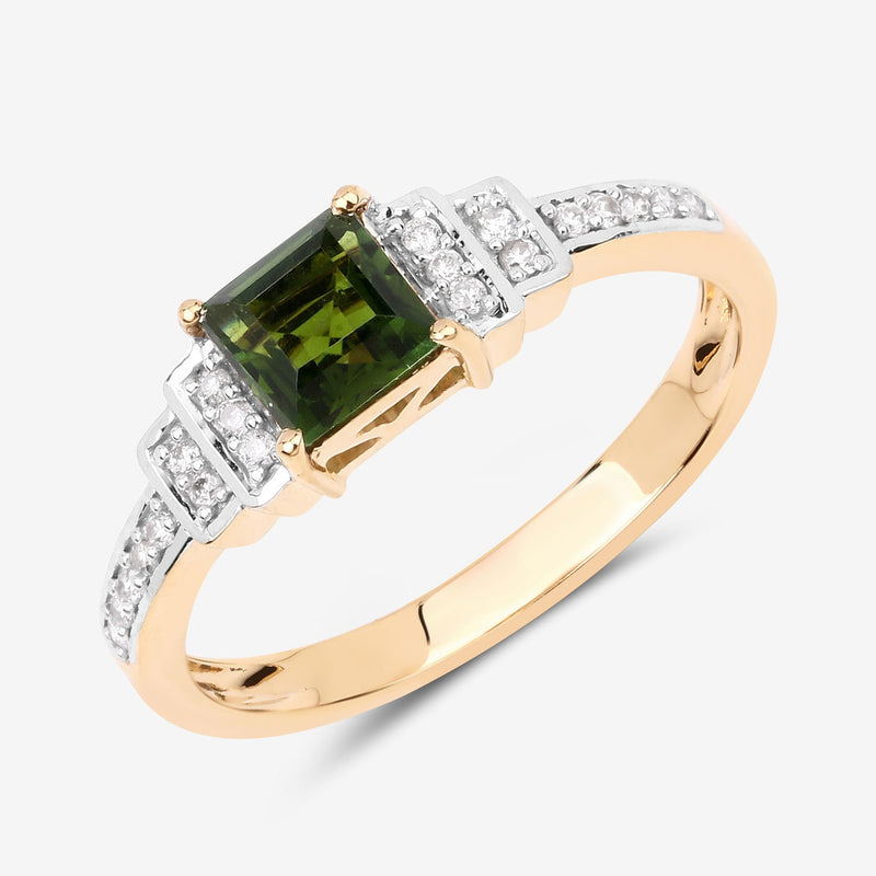 Bids.com 0.72 Carat Genuine Green Tourmaline and White Diamond 14K Yellow Gold Ring Rings
