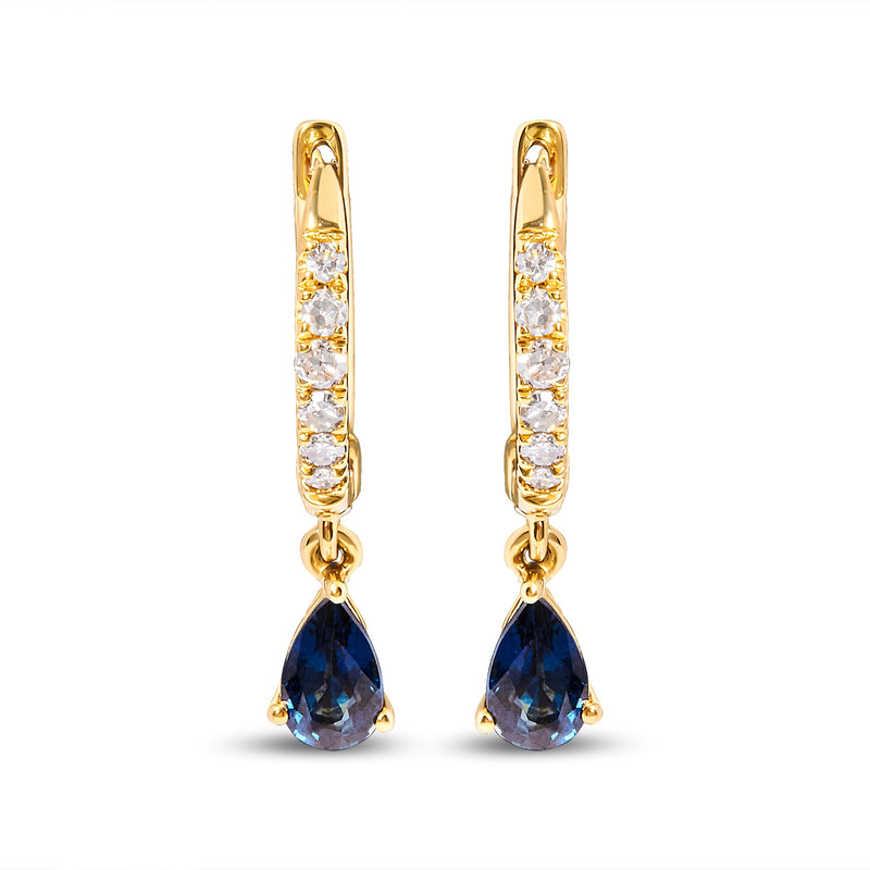 Bids.com 10K Yellow Gold Pear Blue Sapphire and 1/10 Cttw Diamond Drop and Dangle Huggy Hoop Earrings (H-I Color, I1-I2 Clarity) Earrings