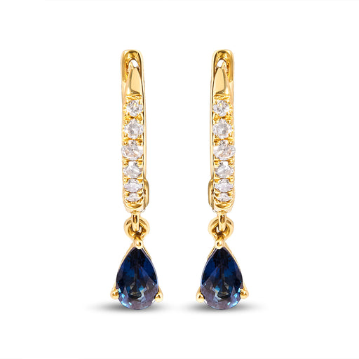 Bids.com 10K Yellow Gold Pear Blue Sapphire and 1/10 Cttw Diamond Drop and Dangle Huggy Hoop Earrings (H-I Color, I1-I2 Clarity) Earrings