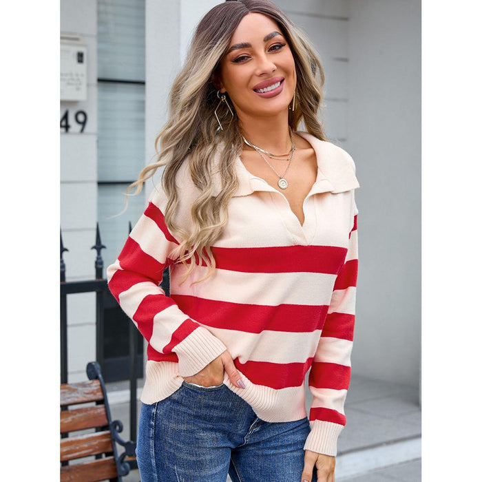 Striped Johnny Collar Knit Top