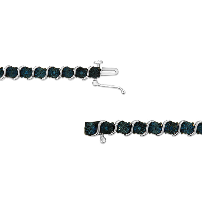 Bids.com .925 Sterling Silver 1/10 Cttw Miracle-Set Treated Blue Color Diamond Miracle Plate "S" Link Tennis Bracelet (Blue Color, I2- I3 Clarity) - 7.25" Bracelets