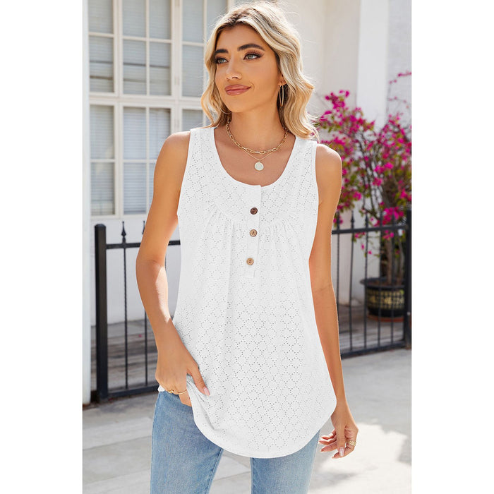 Eyelet Buttoned Round Neck Tank