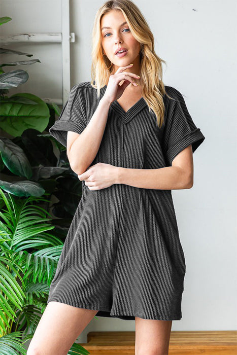 Heimish Short Sleeve Ribbed Romper with Pockets