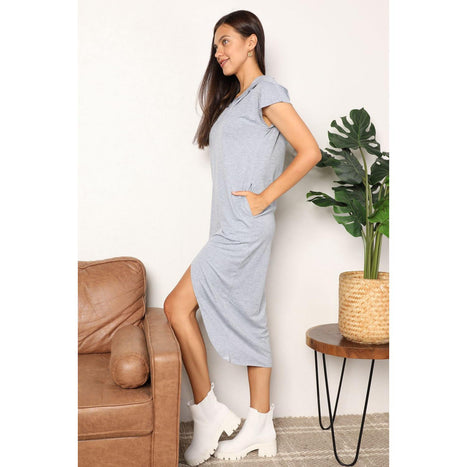 Double Take Short Sleeve Front Slit Hooded Dress