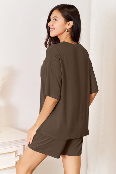 Bamboo Round Neck Drop Shoulder T-Shirt and Shorts Set