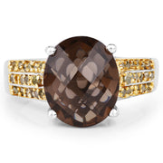 Bids.com 4.87 Carat Genuine Smoky Quartz and Yellow Diamond .925 Sterling Silver Ring Rings