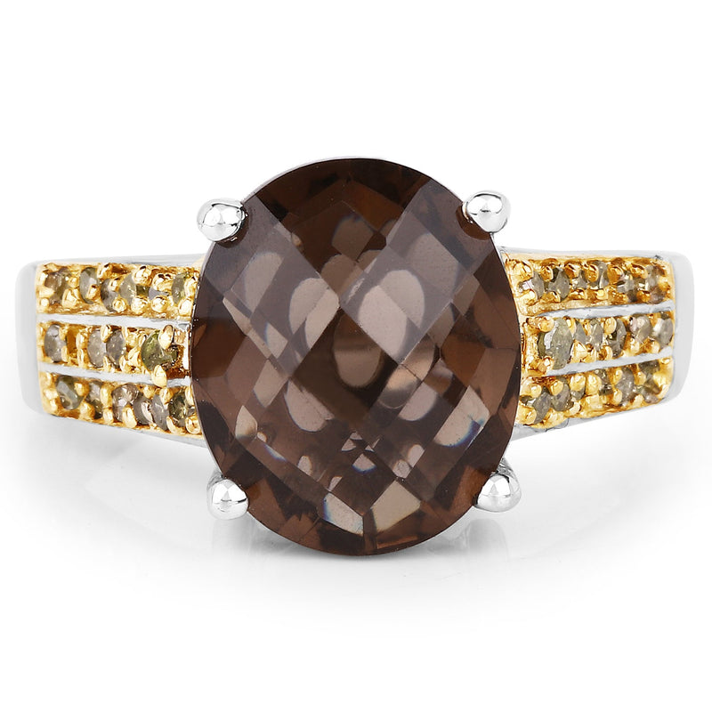 Bids.com 4.87 Carat Genuine Smoky Quartz and Yellow Diamond .925 Sterling Silver Ring Rings