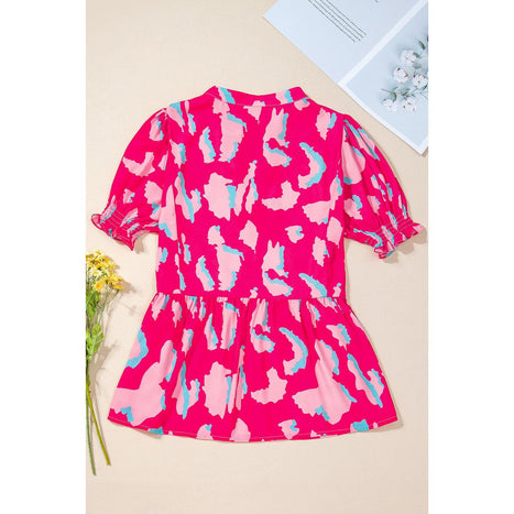 Peplum Printed Notched Short Sleeve Blouse