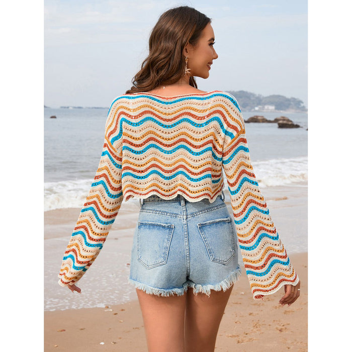 Striped Boat Neck Long Sleeve Cover Up