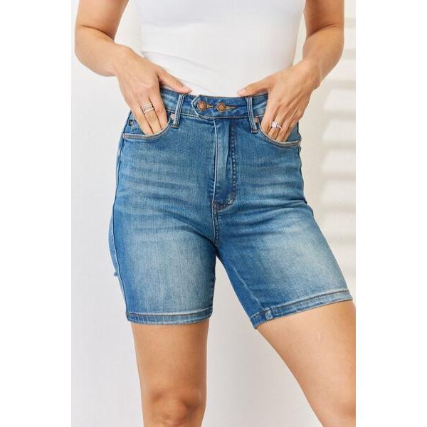 Tummy Control Double Button Bermuda Denim Shorts