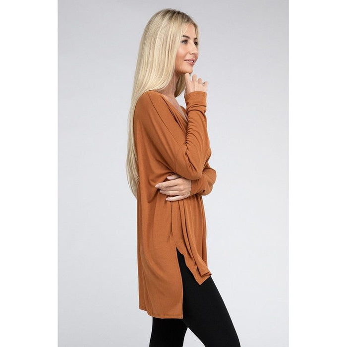 Dolman Long Sleeve V-Neck Side Slit Hi-Low Hem Top