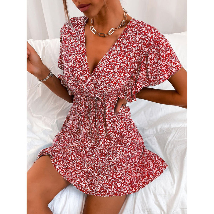 Cutout Ditsy Floral Surplice Flounce Sleeve Dress