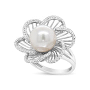 Bids.com 14K White Gold 11mm Round Pearl and 1/3 Cttw Round Diamond Openwork Flower Blossom Ring (H-I Color, VS1-VS2 Clarity) - Size 6.50 Rings White Smoke 6 / White.Gold