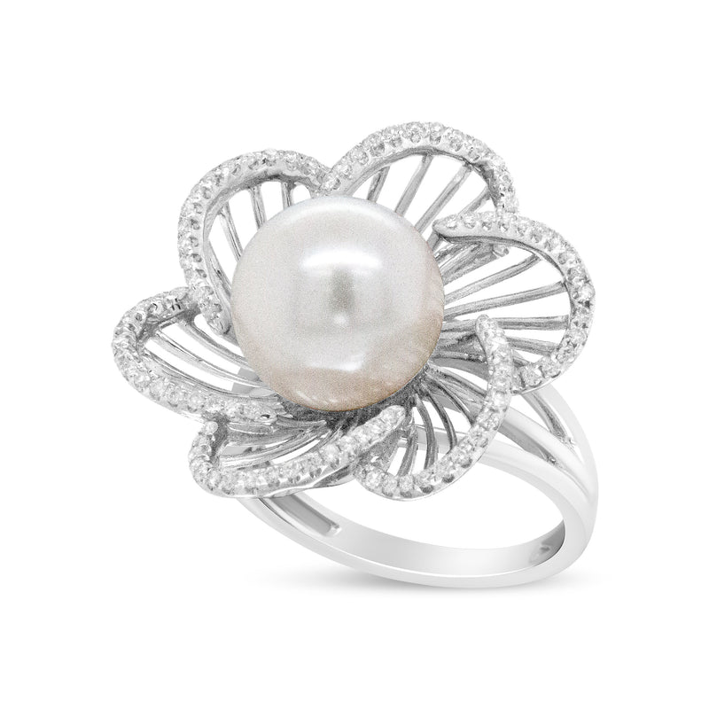 Bids.com 14K White Gold 11mm Round Pearl and 1/3 Cttw Round Diamond Openwork Flower Blossom Ring (H-I Color, VS1-VS2 Clarity) - Size 6.50 Rings White Smoke 6 / White.Gold