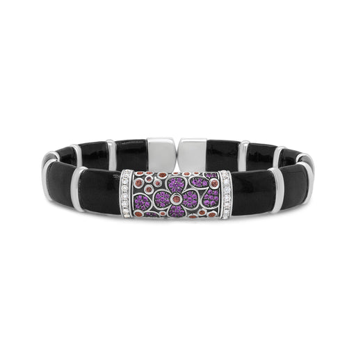 Bids.com .925 Sterling Silver Black and Brown Enamel 1/3 Cttw Round Diamonds and Pink and Orange Sapphire Gemstones Floral Statement Bangle Bracelet (F-G Color, VS1-VS2 Clarity) - Size 7.75" Bracelets