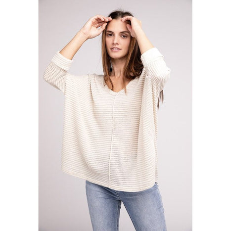 3/4 Sleeve V-Neck Hi-Low Hem Jacquard Sweater