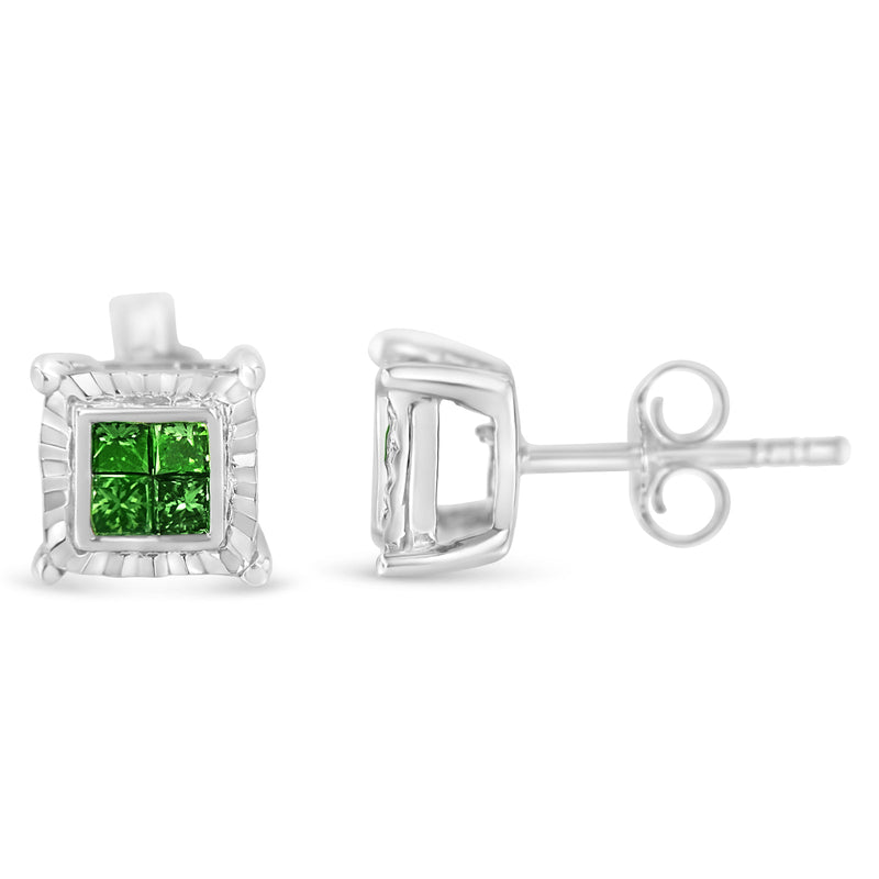 Bids.com Sterling Silver Color Treated Princess Diamond Quad Stud Earring (1/2 cttw, Green Color, I1-I2 Clarity) Earrings