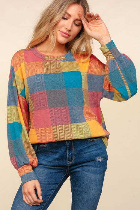 Haptics Contrast Plaid Round Neck Sweater