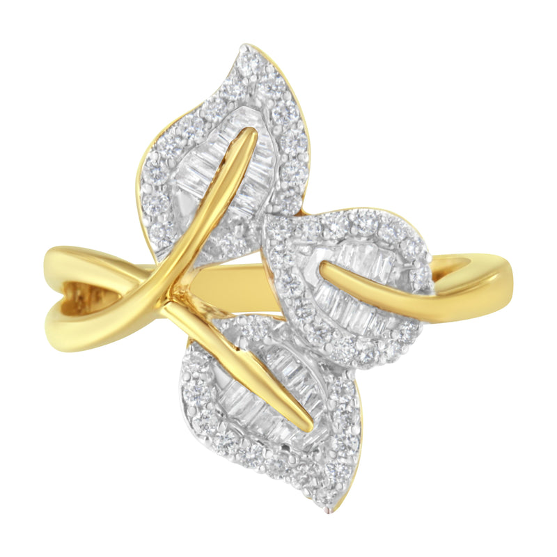Bids.com 10k Yellow and White Gold 1/2 Cttw Baguette and Round Diamond Bypass Triple Leaf Ring (I-J Color, I1-I2 Clarity) - Size 7 Rings