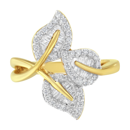Bids.com 10k Yellow and White Gold 1/2 Cttw Baguette and Round Diamond Bypass Triple Leaf Ring (I-J Color, I1-I2 Clarity) - Size 7 Rings