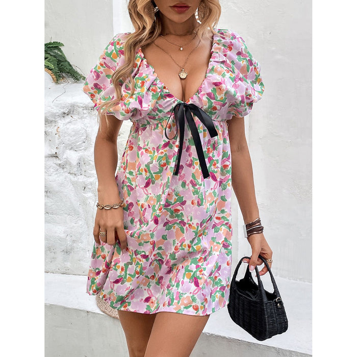 Printed V-Neck Puff Sleeve Mini Dress