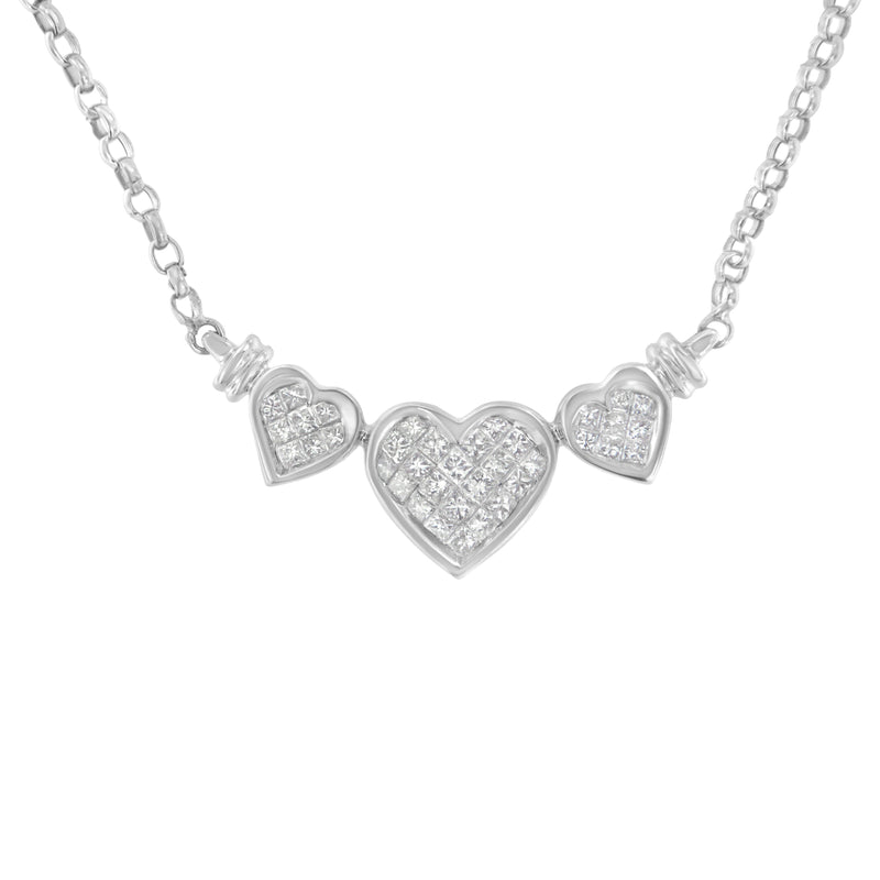 Bids.com 14K White Gold 1.0 Cttw Princess Cut Diamond Three Heart 18" Statement Pendant Necklace (H-I Color, SI2-I1 Clarity) Necklaces