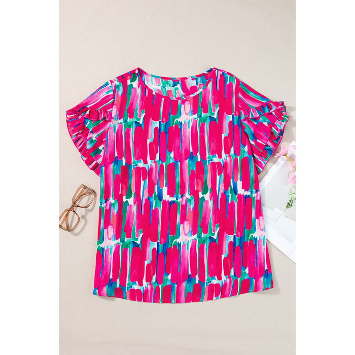 Plus Size Printed Round Neck Petal Sleeve Blouse